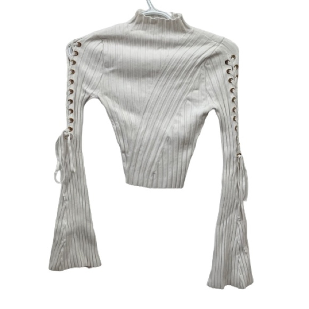 Fashion Nova Women Sweater Size S White Ribbed Mock Neck Flare Eyelet Sleeves